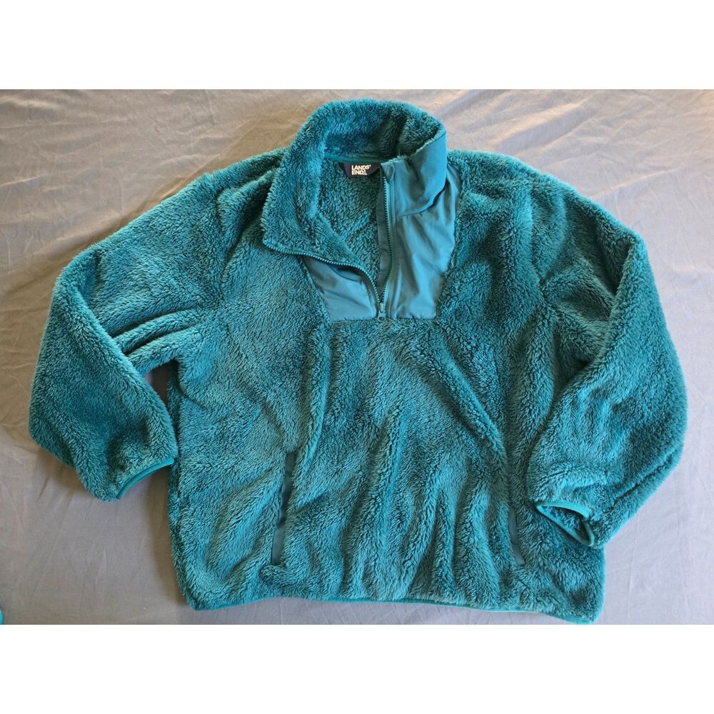 Lands' End Women's Plus 1X Teal Fuzzy Sherpa Fleece Quarter Zip Pullover